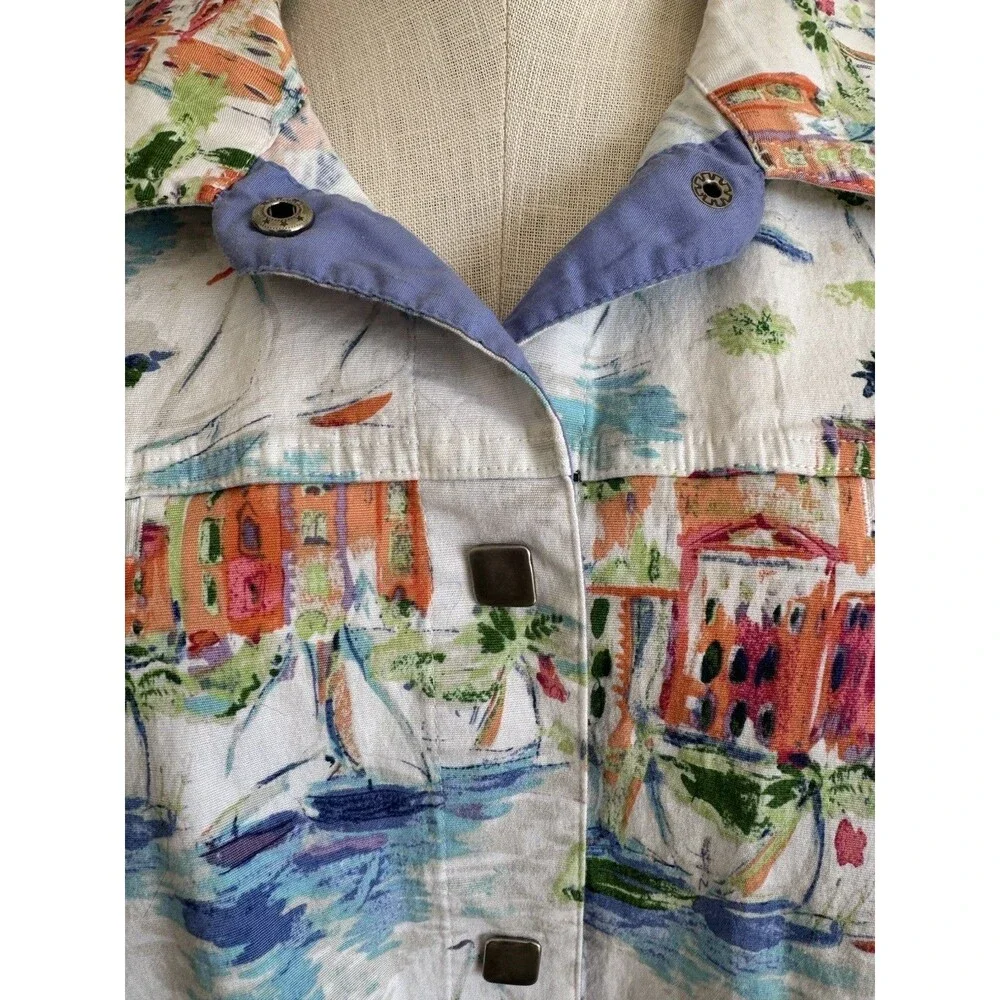 VTG CJ Banks Jacket Womens Size 2X Stretch Snap Button Artsy City White Print